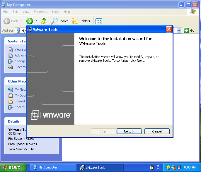 VMWare Release Project > Installing VMware Tools in a Windows XP virtual machine under Linux without installing Workstation on the host > toolsinststart1.png